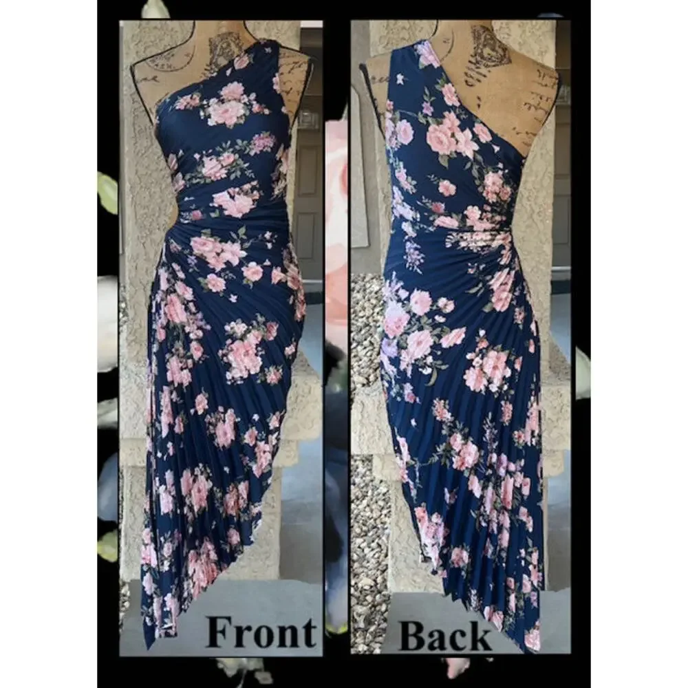 Petal & Pup Pleated Navy Floral One Shoulder Kleo Maxi Dress Size S - Picture 7 of 14